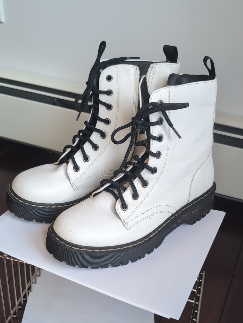 White Lace-Up Combat Boots with Black Accents 8